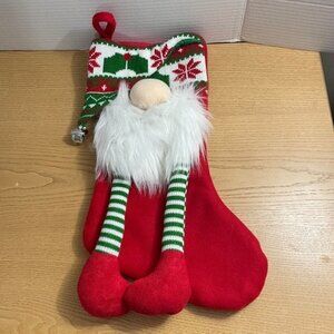 3D Gnome Christmas Stocking Long Dangling Legs & Beard Bell Accent Full Size